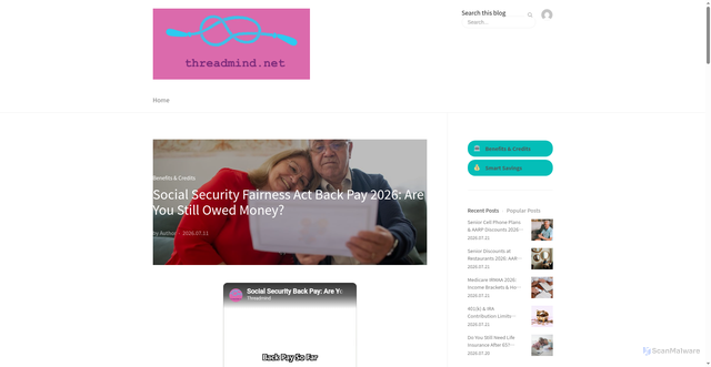 Security scan screenshot of https://threadmind.net/social-security-fairness-act-back-pay-2026-are-you-still-owed-money/