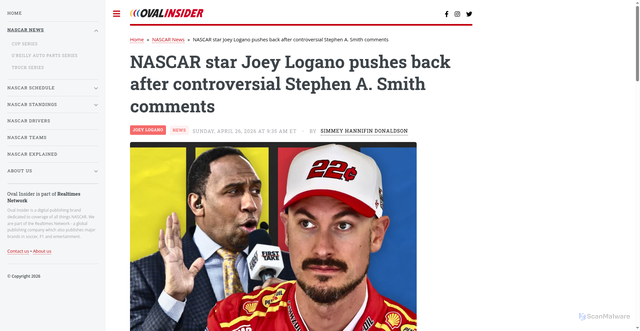 Security scan screenshot of https://www.ovalinsider.com/nascar-news/nascar-joey-logano-response-controversial-stephen-a-smith-comments-drivers-1082460/