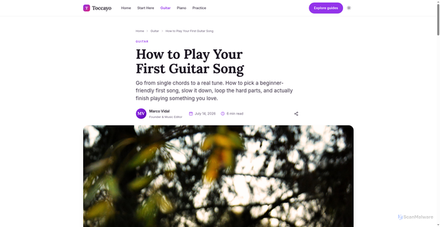 Security scan screenshot of https://toccayo.pages.dev/how-to-play-your-first-guitar-song/