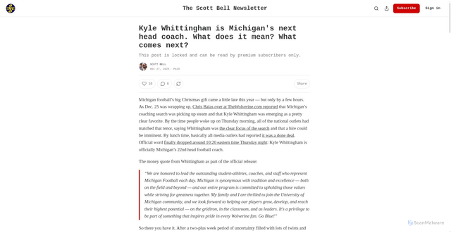 Security scan screenshot of https://scottbell.substack.com/p/kyle-whittingham-is-michigans-next