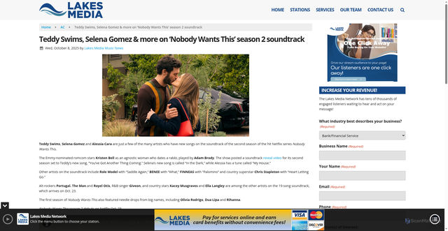 Security scan screenshot of https://www.lakesmedianetwork.com/ac/teddy-swims-selena-gomez-more-on-nobody-wants-this-season-2-soundtrack/