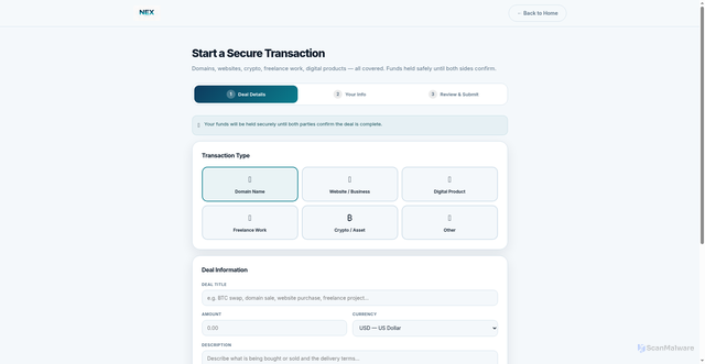 Security scan screenshot of https://nexescrow.com/deal.html