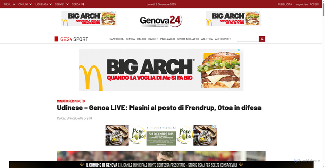 Security scan screenshot of https://www.genova24.it/2025/12/udinese-genoa-cronaca-risultato-447614/