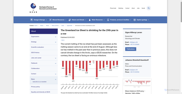 Security scan screenshot of https://eng.geus.dk/about/news/news-archive/2025/september/greenland-ice-sheet-massbalance-2025