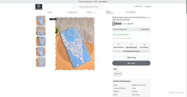 Security scan screenshot of https://handloomclothstore.com/Skyblue-Kota-Cotton-Suit-Unstiched-Dress-Material-For-Womens/catalogue/g_2OKQS1/Pxt8wvKc