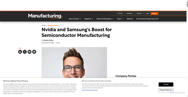 Security scan screenshot of https://manufacturingdigital.com/news/nvidia-samsung-boost-ai-driven-semiconductor-manufacturing