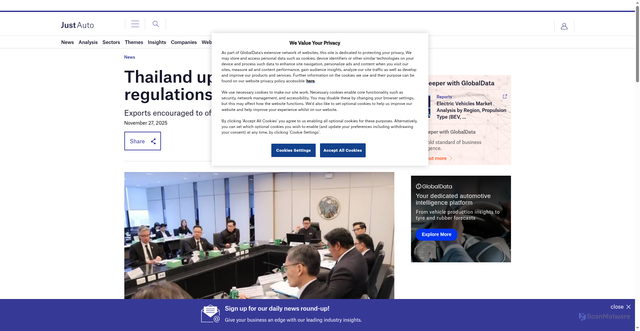 Security scan screenshot of https://www.just-auto.com/news/thailand-updates-bev-incentive-regulations/