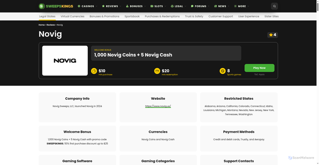 Security scan screenshot of https://sweepskings.com/reviews/novig/
