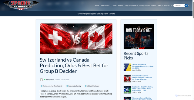 Security scan screenshot of https://spookyexpress.com/soccer/switzerland-vs-canada-prediction/