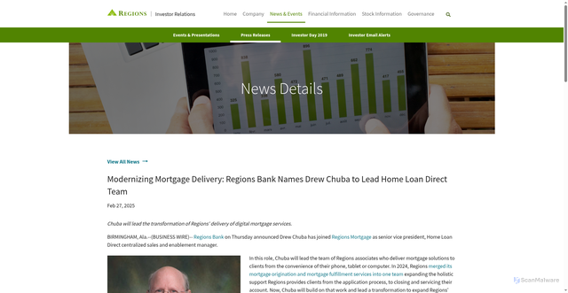 Security scan screenshot of https://ir.regions.com/news-events/press-releases/news-details/2025/Modernizing-Mortgage-Delivery-Regions-Bank-Names-Drew-Chuba-to-Lead-Home-Loan-Direct-Team/default.aspx