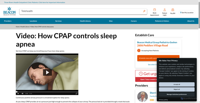 Security scan screenshot of https://www.beaconhealthsystem.org/library/video/video-how-cpap-controls-sleep-apnea?content_id=VID-20084718