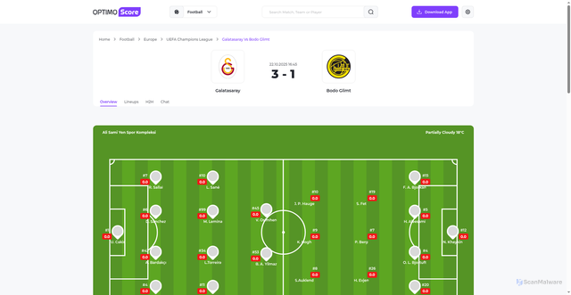 Security scan screenshot of https://optimoscore.com/en/football/matches/bodo-glimt-vs-galatasaray/dn1m1ghlo7lnmoe