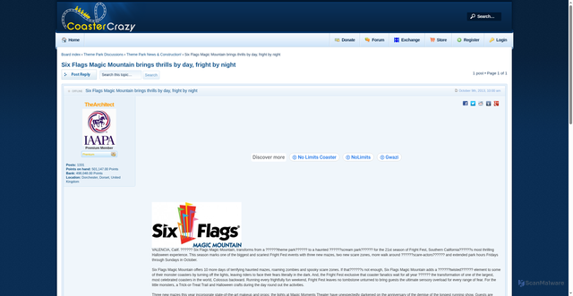 Security scan screenshot of https://www.coastercrazy.com/forums/six-flags-magic-mountain-brings-thrills-by-day-fright-by-night-t30899.html