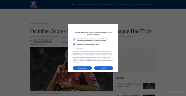 Security scan screenshot of https://www.channelstv.com/2025/11/05/osimhen-scores-his-first-champions-league-hat-trick/