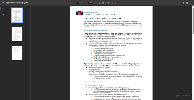 Security scan screenshot of https://presidentialtransition.org/wp-content/uploads/sites/6/2020/11/Presidential-Records-Act-Overview.pdf