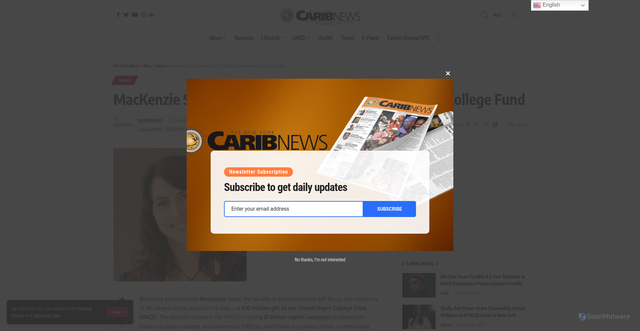 Security scan screenshot of https://nycaribnews.com/mackenzie-scott-donates-70-million-to-united-negro-college-fund/