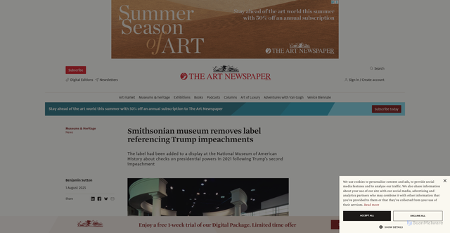 Security scan screenshot of https://www.theartnewspaper.com/2025/08/01/smithsonian-national-museum-american-history-removes-trump-impeachment-label