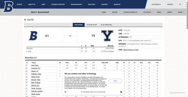 Security scan screenshot of https://brandeisjudges.com/sports/mens-basketball/stats/2025-26/yale/boxscore/14591