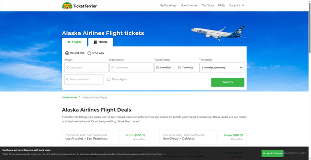 Security scan screenshot of https://www.ticketterrier.com/airlines/alaska-airlines-flights-as