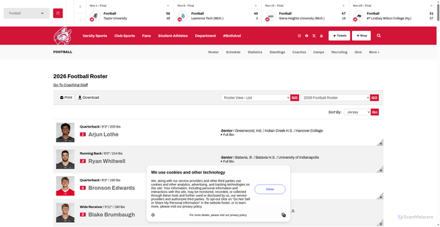 Security scan screenshot of https://iwuwildcats.com/sports/football/roster