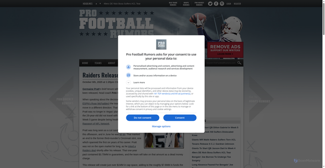 Security scan screenshot of https://www.profootballrumors.com/2025/10/raiders-release-lb-germaine-pratt