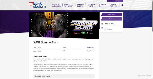Security scan screenshot of https://www.usbankstadium.com/events/detail/summerslam