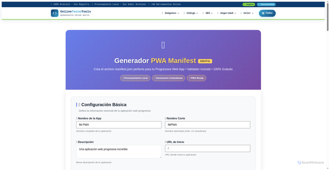 Security scan screenshot of https://onlinetecnotools.com/generador-pwa-manifest-online-gratis/