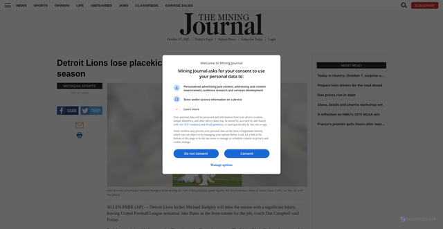 Security scan screenshot of https://www.miningjournal.net/sports/2024/07/detroit-lions-lose-placekicker-michael-badgley-for-entire-season/
