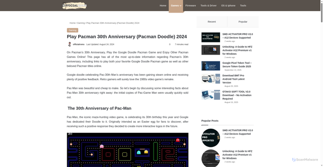 Security scan screenshot of https://www.officialroms.com/pacman-30th-anniversary/