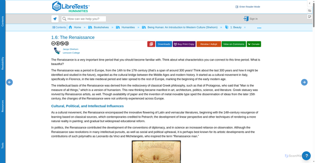 Security scan screenshot of https://human.libretexts.org/Bookshelves/Humanities/Being_Human%3A_An_Introduction_to_Western_Culture_(Shehorn)/01%3A_Beauty/1.06%3A_The_Renaissance