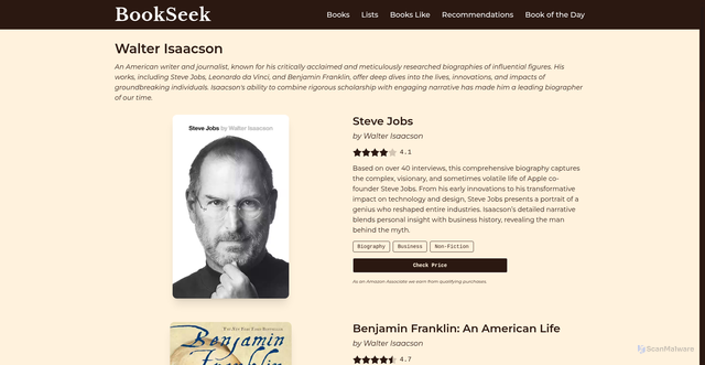 Security scan screenshot of https://bookseek.co/authors/walter-isaacson