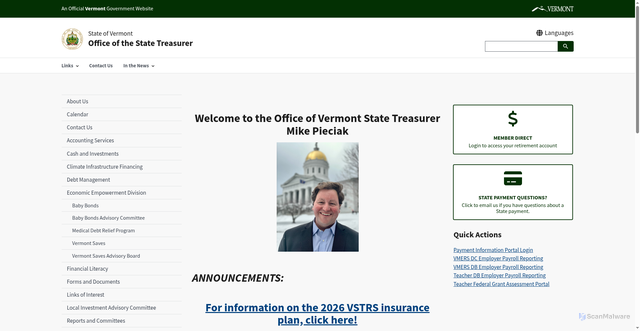 Security scan screenshot of https://www.vermonttreasurer.gov/