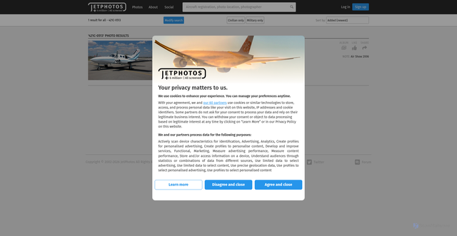 Security scan screenshot of https://www.jetphotos.com/aircraft/manufacturer/Cessna+Aircraft/serial/421C-0513