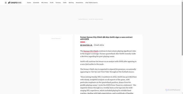Security scan screenshot of https://chiefswire.usatoday.com/story/sports/nfl/chiefs/2025/08/24/former-kansas-city-chiefs-qb-alex-smith-signs-a-new-contract-with-espn/85749049007/