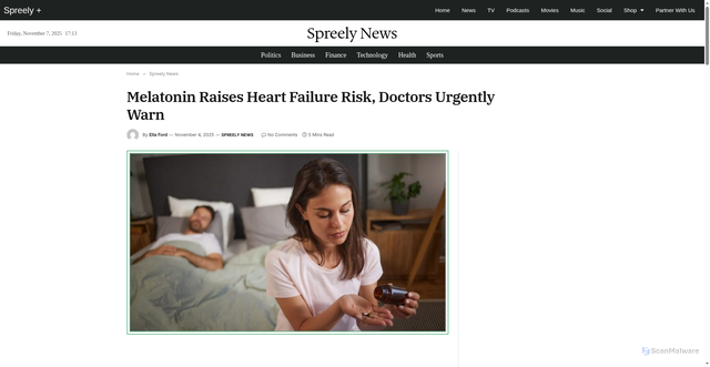 Security scan screenshot of https://news.spreely.com/melatonin-raises-heart-failure-risk-doctors-urgently-warn/