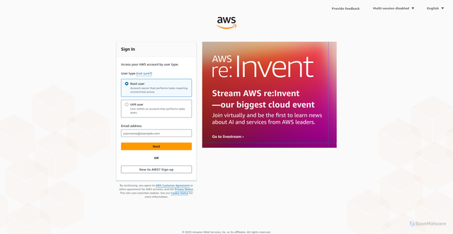 Security scan screenshot of https://us-east-1.console.aws.amazon.com/