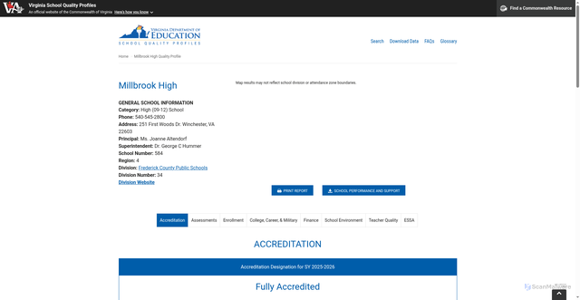 Security scan screenshot of https://schoolquality.virginia.gov/schools/millbrook-high
