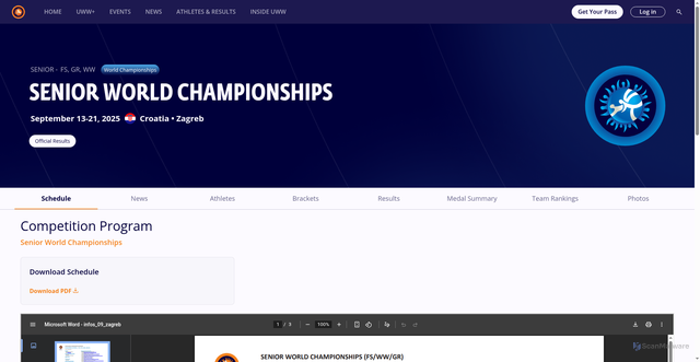 Security scan screenshot of https://uww.org/event/senior-world-championships/schedule-matches-fixtures