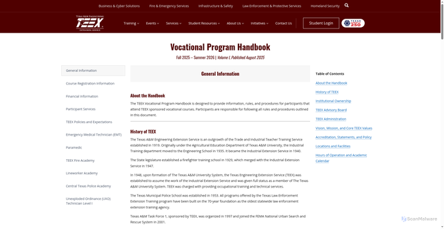 Security scan screenshot of https://teexonline.org/vocational-program-handbook/