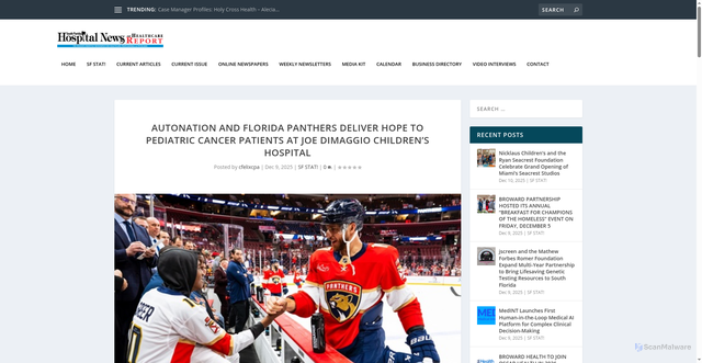 Security scan screenshot of https://southfloridahospitalnews.com/autonation-and-florida-panthers-deliver-hope-to-pediatric-cancer-patients-at-joe-dimaggio-childrens-hospital/
