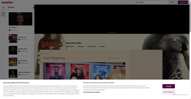 Security scan screenshot of https://banshee.fandom.com/wiki/Tom_Pelphrey