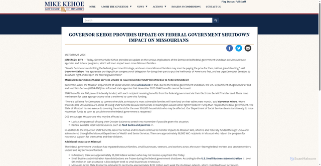 Security scan screenshot of https://governor.mo.gov/press-releases/archive/governor-kehoe-provides-update-federal-government-shutdown-impact