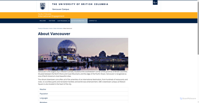 Security scan screenshot of https://international.educ.ubc.ca/visitor-information/about-vancouver/