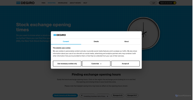 Security scan screenshot of https://www.degiro.ie/products-and-markets/exchange-opening-times