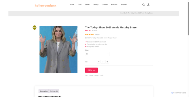 Security scan screenshot of https://www.halloweenfunx.com/product/the-today-show-2025-annie-murphy-blazer-1/