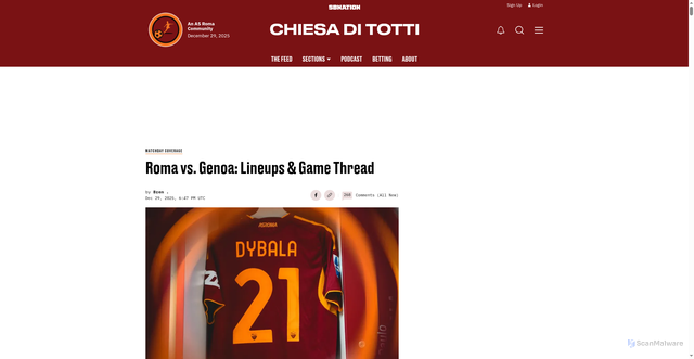 Security scan screenshot of https://www.chiesaditotti.com/roma-matchday-coverage/38957/roma-vs-genoa-lineups-game-thread