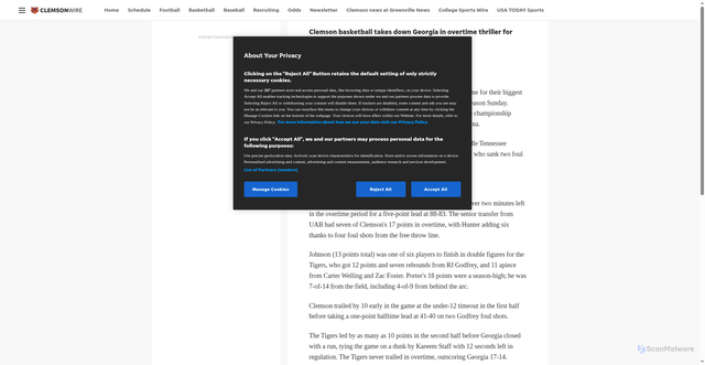 Security scan screenshot of https://clemsonwire.usatoday.com/story/sports/college/clemson/mens-basketball/2025/11/23/clemson-basketball-georgia-bulldogs-recap-highlights-stats/87437024007/