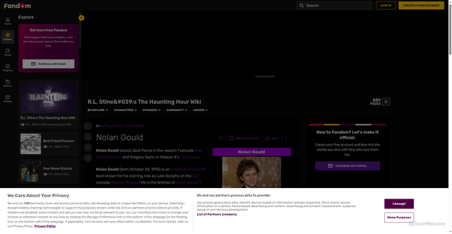 Security scan screenshot of https://rlstinesthehauntinghour.fandom.com/wiki/Nolan_Gould