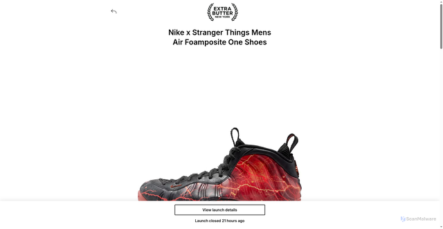 Security scan screenshot of https://releases.extrabutterny.com/en-US/launch/nike-x-stranger-things-mens-air-foamposite-one-shoes-ir7336-001