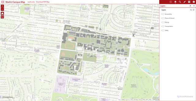 Security scan screenshot of https://wustladm.maps.arcgis.com/apps/webappviewer/index.html?id=1d935c37546d408ea95e02f9793ef0f8&extent=-90.3232%2C38.6397%2C-90.2924%2C38.6539